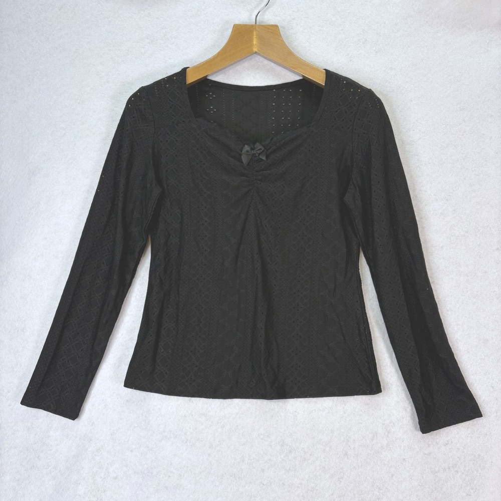 Black Pointelle Eyelet Lace Bow Detail Long Sleeve Top Womens L Coquette Goth